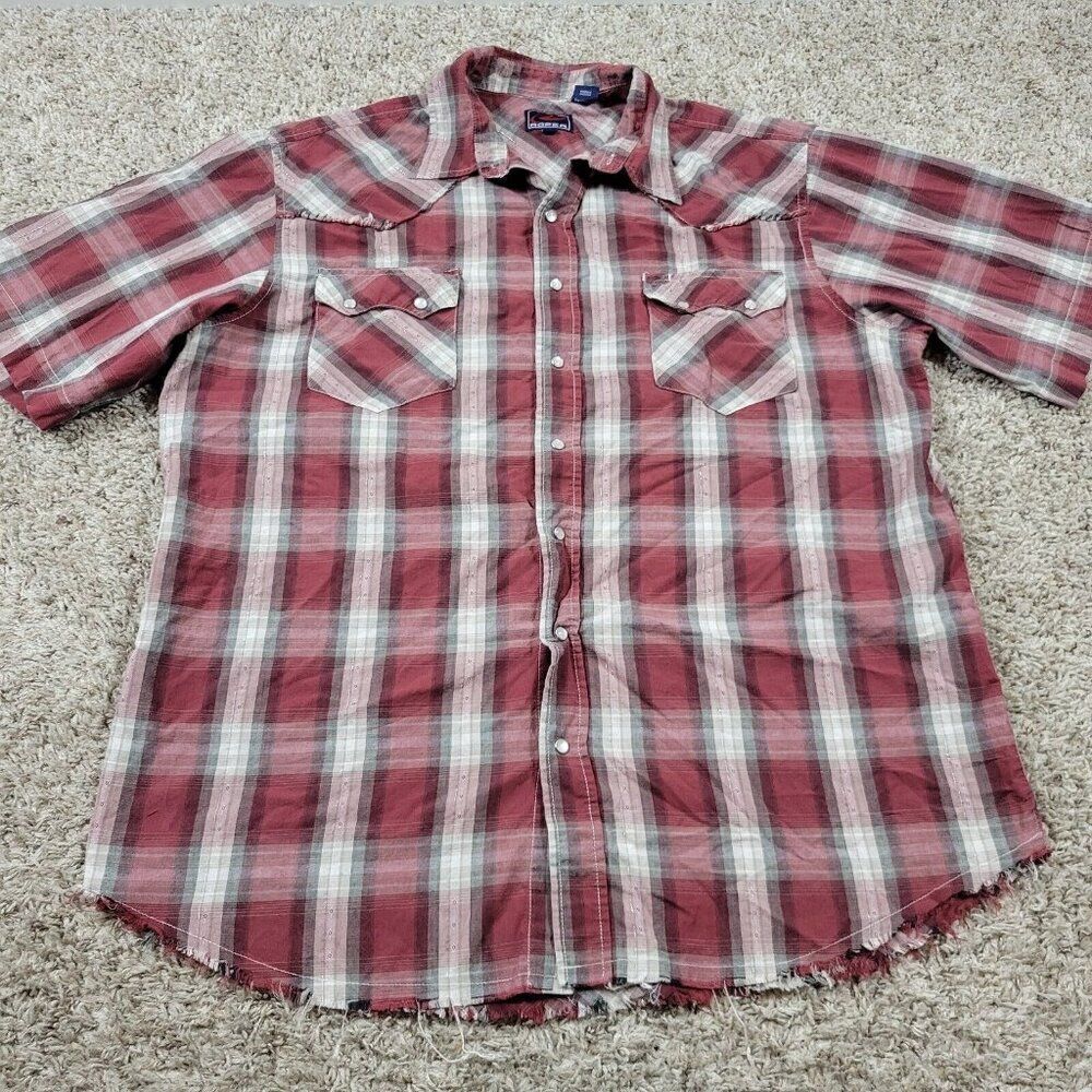 Roper Pearl Snap Shirt Men's Large Red Gray Frayed Shiny Western Plaid  Cowboy